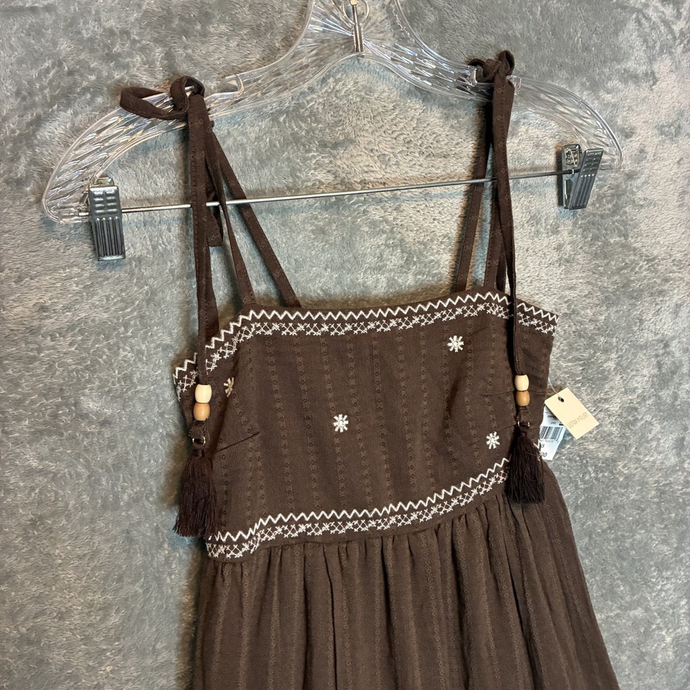Womens Empire Waist Embroidered Midi Dress XS Boho Peasant Prairie Fairy Brown